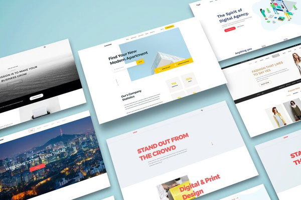 Mockup Featuring Perspective View of Grids of Web Screens