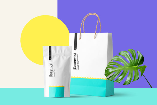 Mockup Featuring the Front View of a Paper Bag and Pack