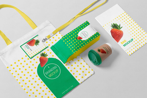 Mockup Featuring Tote and Paper Bags, Pouch, Cup, ID Card