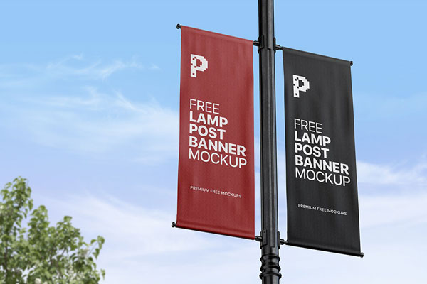Mockup Featuring Two Lamp Post Banners with Sky View Background