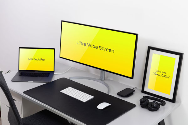 Mockup Featuring Ultra Wide Screen Monitor, MacBook Pro and Frame