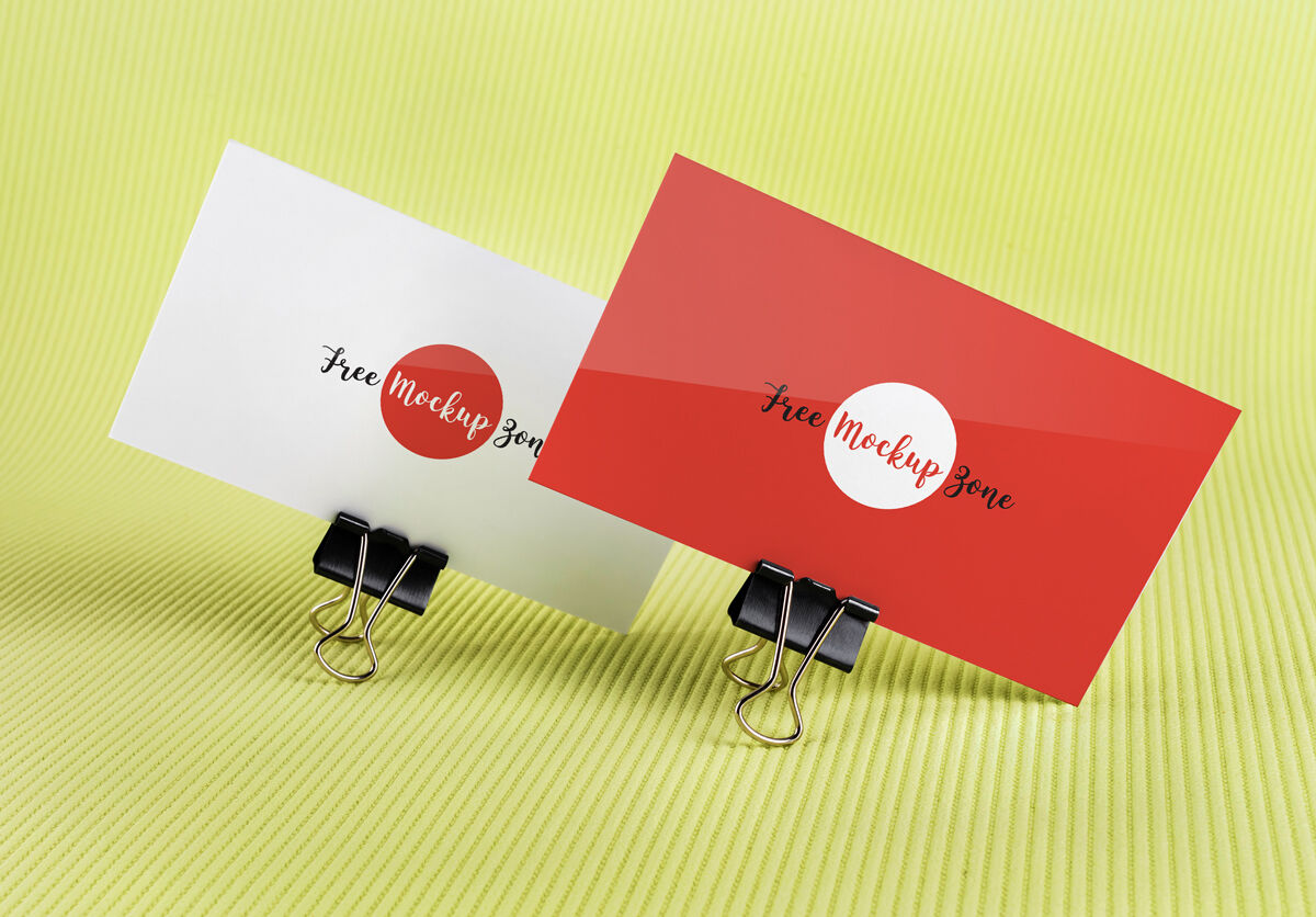 Mockup of 2 Business Cards held by Binder Clips FREE PSD