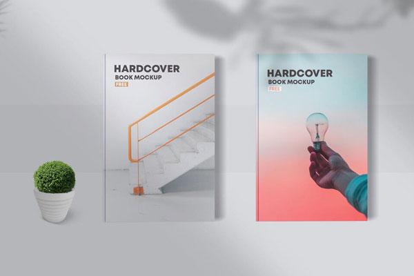 Mockup of 2 Hardcover Books with Plant and Shadows