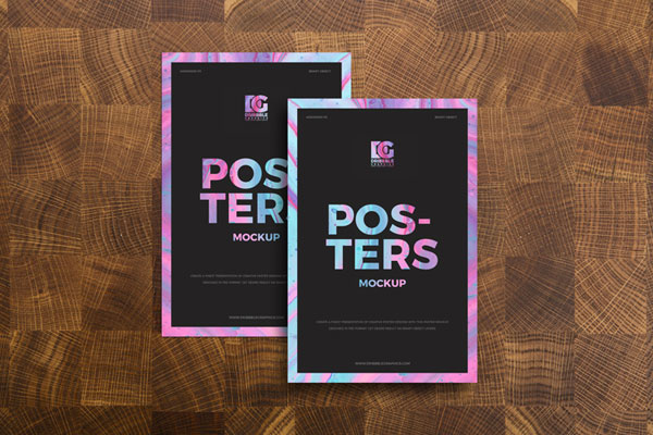 Mockup of 2 Top View Posters on Wooden Background