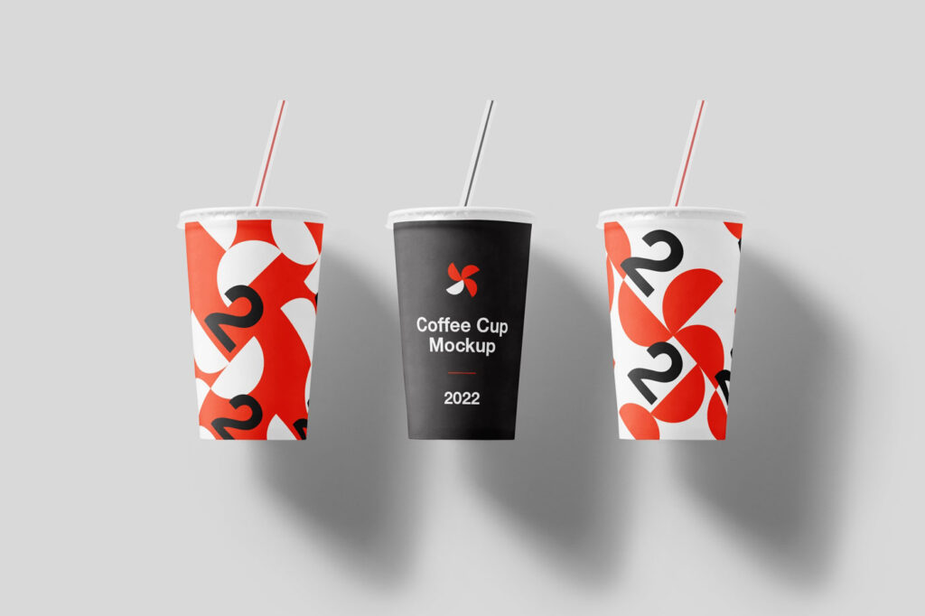 Mockup of 3 Floating Coffee Cups with Straws in the Front View