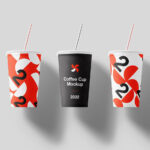 Mockup of 3 Floating Coffee Cups with Straws in the Front View