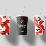 Mockup of 3 Floating Coffee Cups with Straws in the Front View