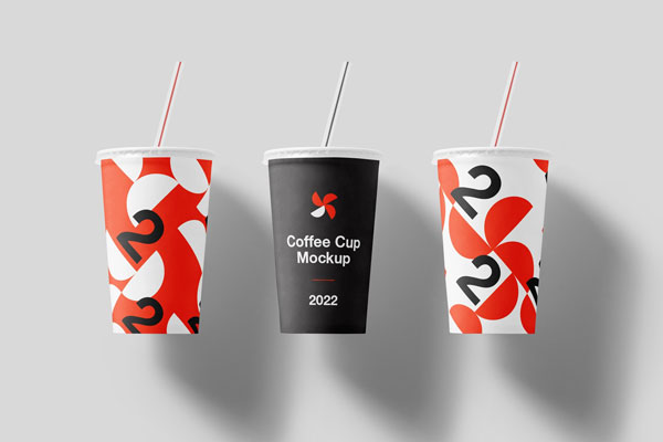 Mockup of 3 Floating Coffee Cups with Straws in the Front View