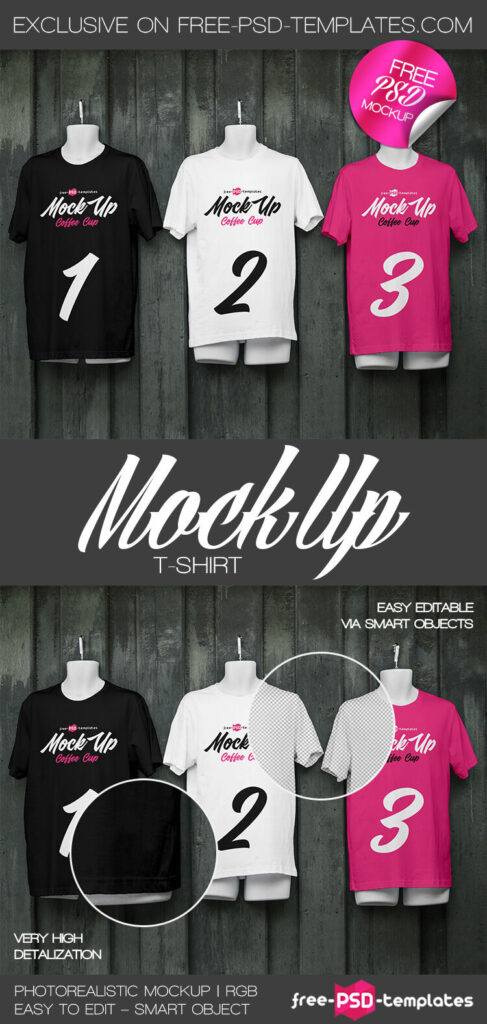 Mockup of 3 Front View Round Neck T-shirts