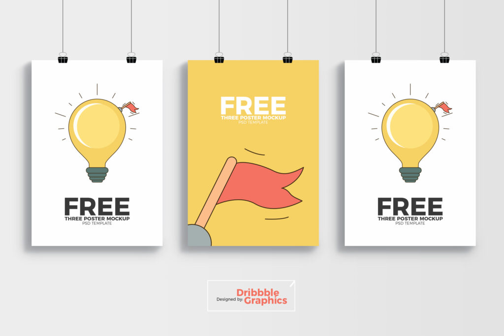 Mockup of 3 Hanging Posters on the Wall