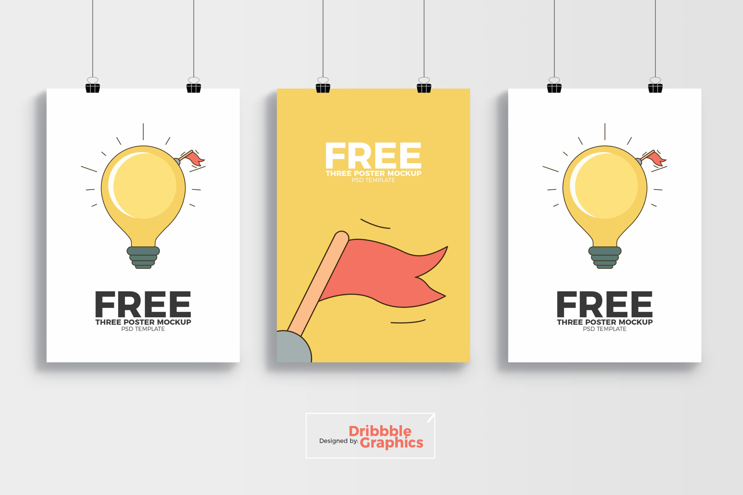 Mockup of 3 Hanging Posters on the Wall FREE PSD