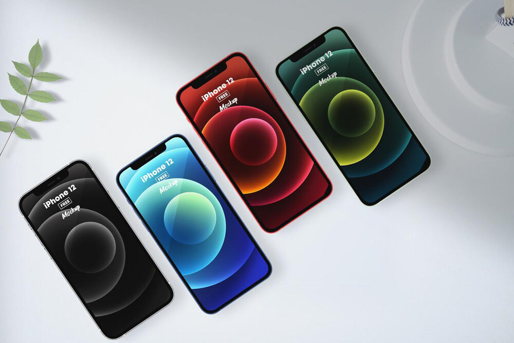 Mockup of 4 iPhone 12 in Different Colors