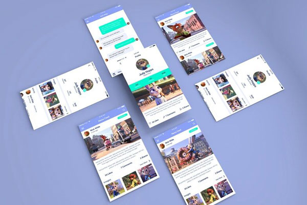 Mockup of 7 UI Screens in Isometric View