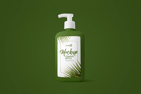 Mockup of a Liquid Soap, Plastic Pump Dispenser Bottle in Perspective