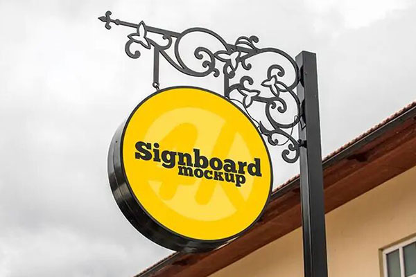 Mockup of a Low-Angle View, Metal Pole, Round Signage Outdoor
