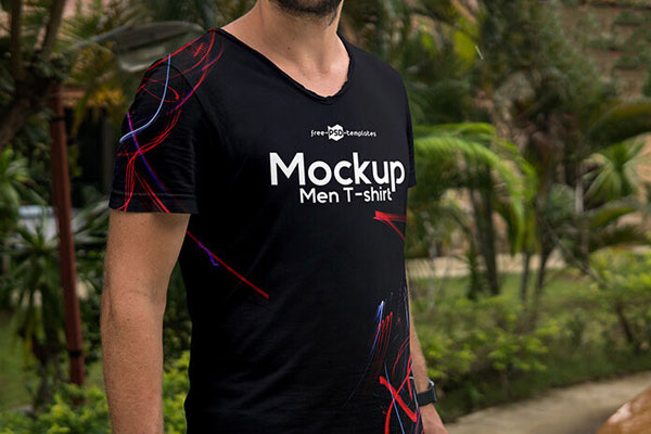 Mockup of a Man Wearing T-shirt in the Half-Side View Outdoor