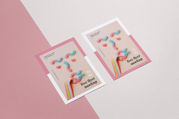 Mockup of a Pair of Flyers Laid in Perspective in A4, A5, A6 Layouts