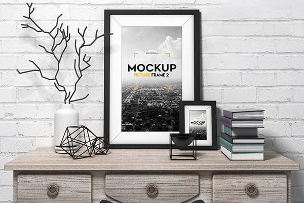 Mockup of a Picture Frame Placed on a Vintage Wooden Table
