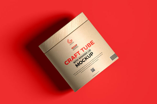 Mockup of a Round Kraft Box With Wooden Lid in Top view