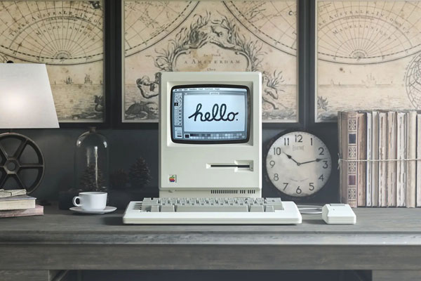 Mockup of a Vintage 1984 Apple Macintosh on a Desk