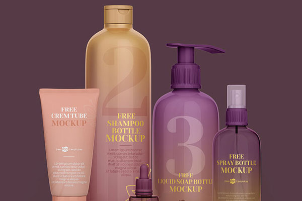 Mockup of Cosmetics Set Featuring Shampoo and Spray Bottle