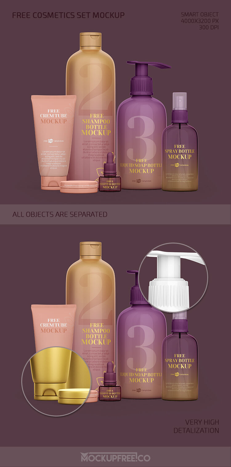 Mockup of Cosmetics Set Featuring Shampoo and Spray Bottle FREE PSD