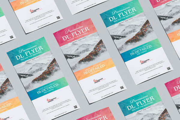 Mockup of Dl Flyers Laid in Grid with a Perspective View