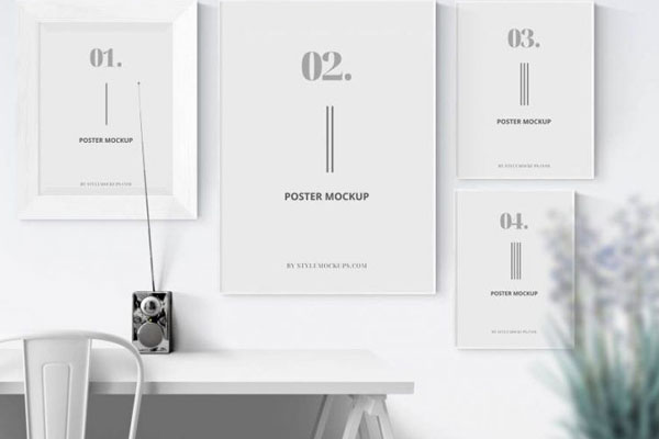 Mockup of Four Indoor Posters in Different Sizes with Shadow