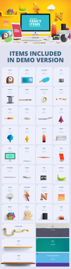 Mockup of front View of a Fancy and Colorful set of Items