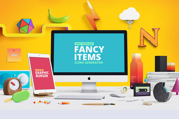 Mockup of front View of a Fancy and Colorful set of Items