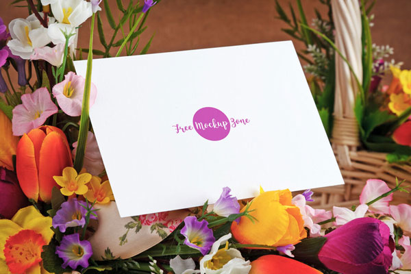 Mockup of Horizontal Greeting Card on a Flower Basket in Side View