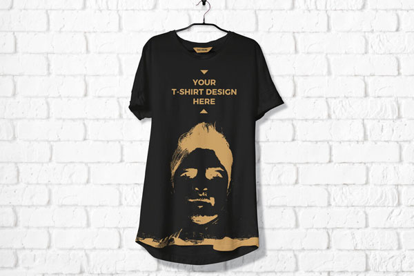 Mockup of Longline Curved Hem T-shirt on Hanger in Front View