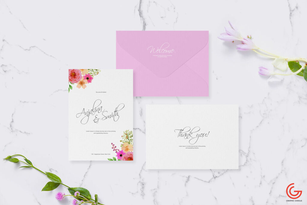 Mockup of Minimal Invitation Cards and Envelope Laid in Top View