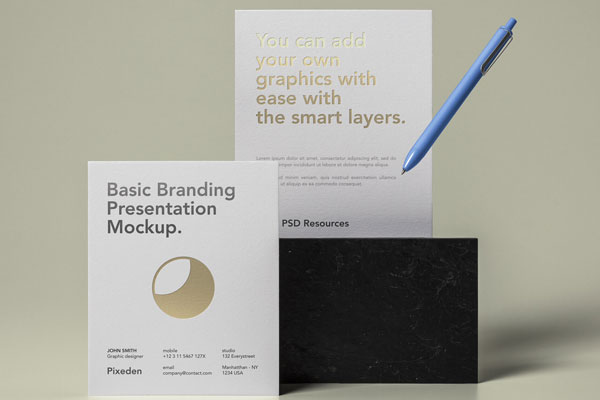 Mockup of Standing Stationery Including Paper, Card and Pencil