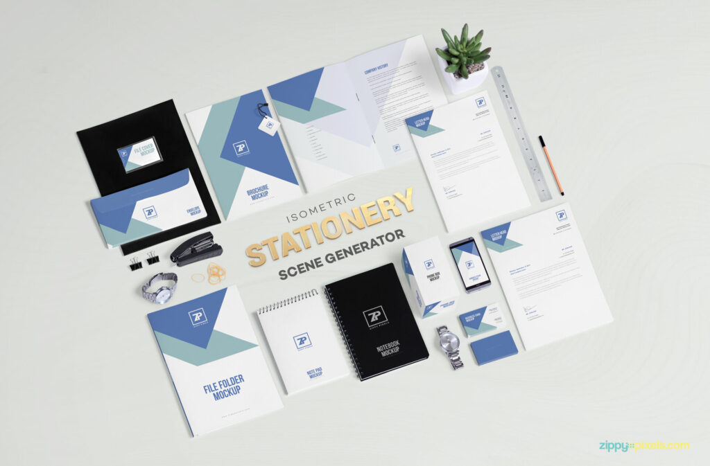 Mockup of Stationery Scene with 21 Moveable Objects