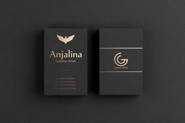 Mockup of Top View Golden Foil Business Cards in Two Stacks