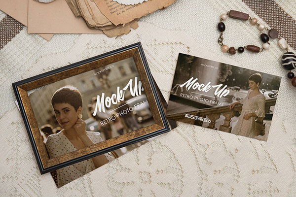 Mockup of Top View of a Retro Photo Frame and a Photo