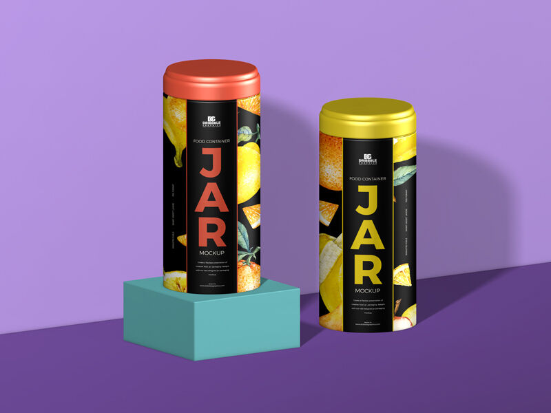 Mockup of Two Cylindrical Food Bottle Containers in Half-Side View