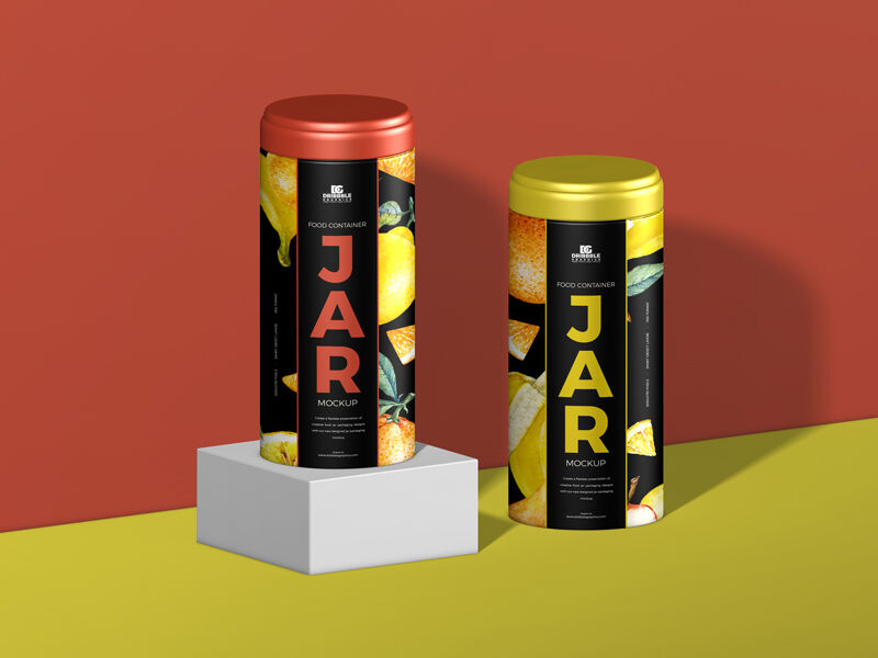 Mockup of Two Cylindrical Food Bottle Containers in Half-Side View