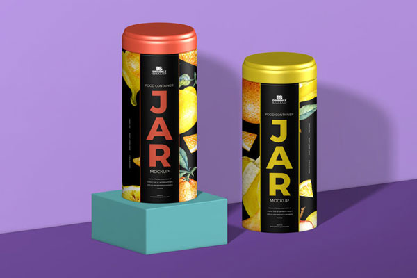 Mockup of Two Cylindrical Food Bottle Containers in Half-Side View