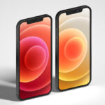 Mockup of Two iPhone 12 Standing in the Half-side View