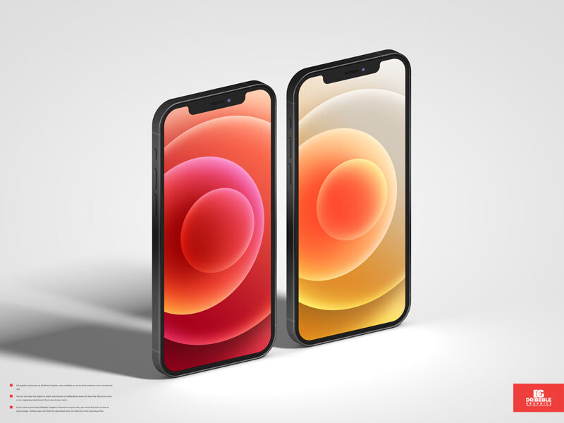 Mockup of Two iPhone 12 Standing in the Half-side View