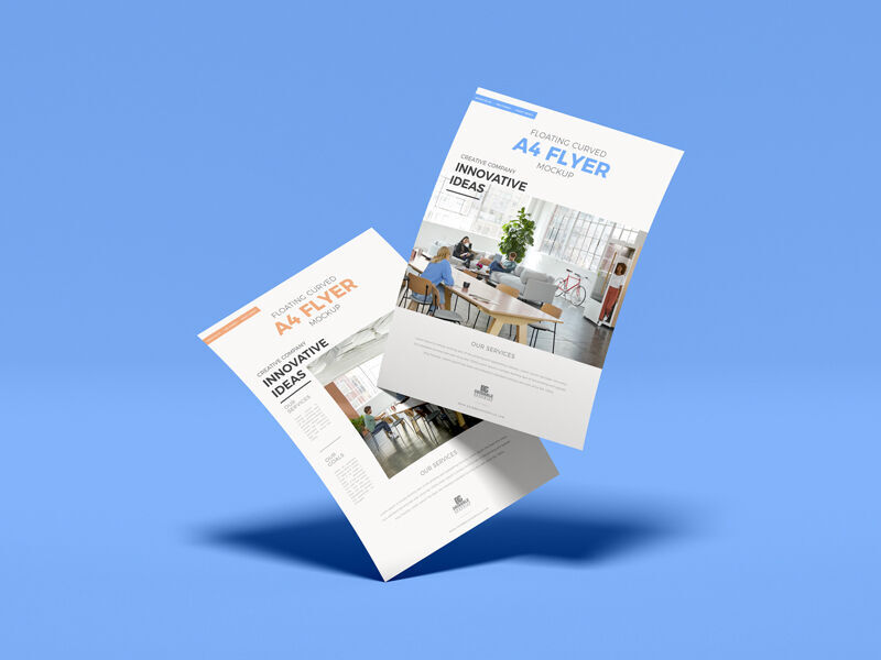Mockup of Two Slanting A4 Flyers Floating in the Half-Side View