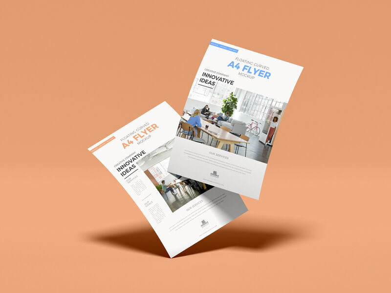 Mockup of Two Slanting A4 Flyers Floating in the Half-Side View