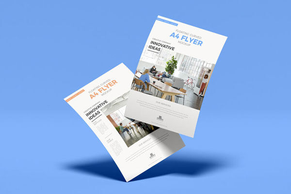 Mockup of Two Slanting A4 Flyers Floating in the Half-Side View