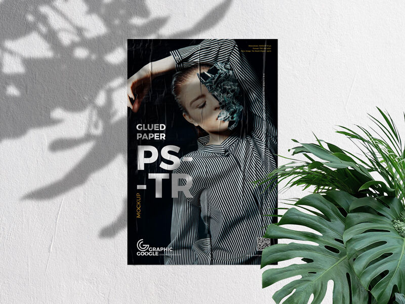 Mockup of Vertical Paper Glued to Concrete Wall in Front View