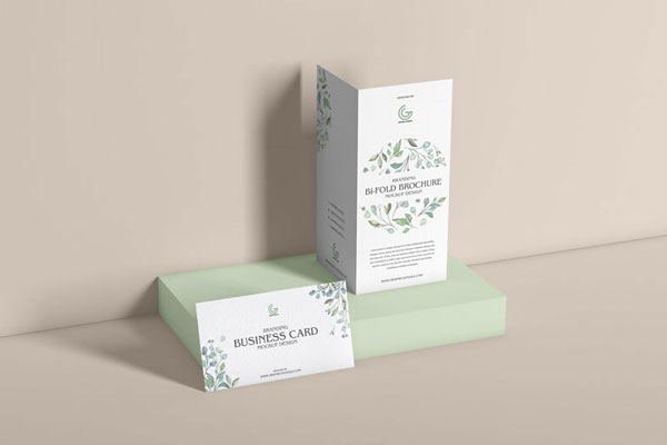 Mockup Showcasing Bi-Fold Brochure with Business Card Design