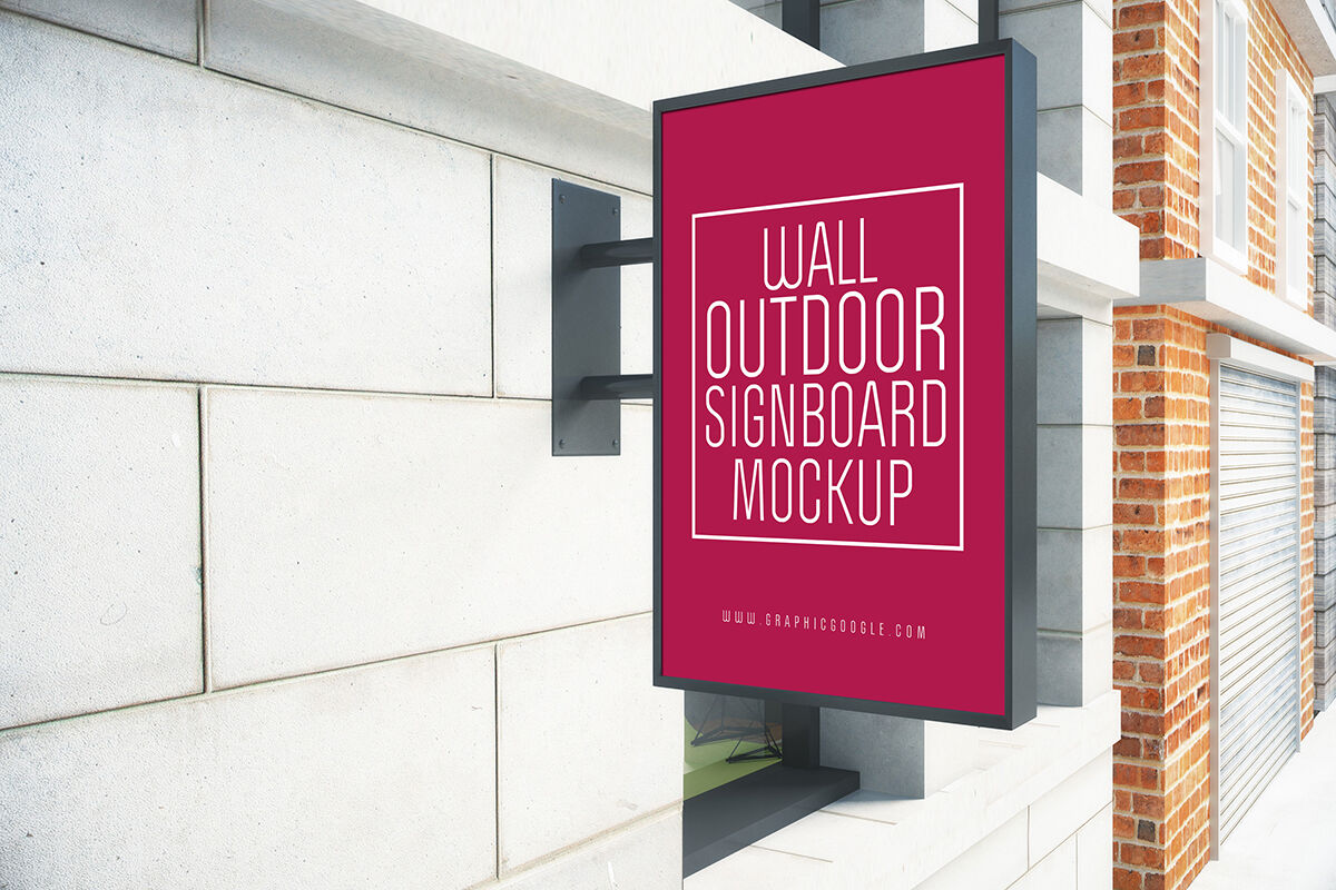 Mockup Showcasing Hanging Wall Outdoor Signboard FREE PSD