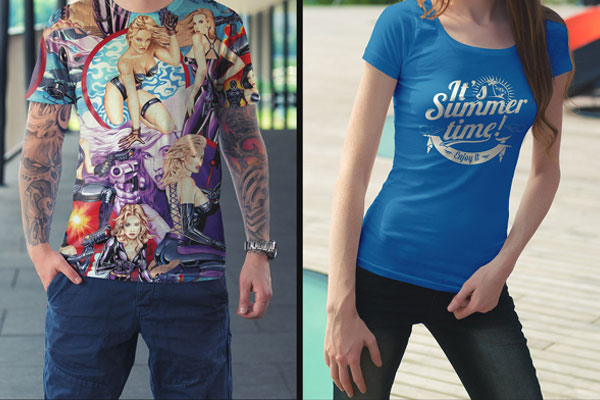 Mockup Showcasing Man and Woman Models Wearing T-Shirts on Street Environment