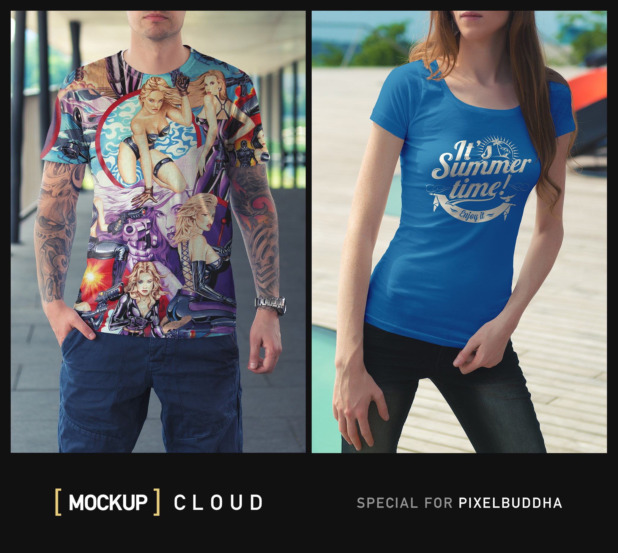 Mockup Showcasing Man and Woman Models Wearing T-shirts on Street Environment FREE PSD